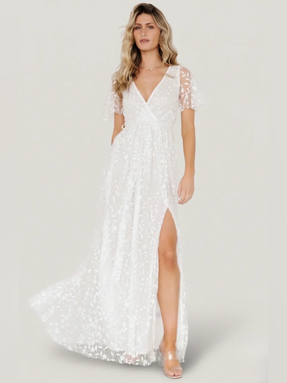 Baltic Born White Floral Lace Maxi Dress with V-Neck and Side Slit